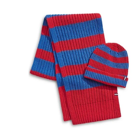 Tommy Hilfiger Scarf Beanie Hat Set Red Rugby Stripe Knit Unisex Toque Roll Up - Picture 1 of 4